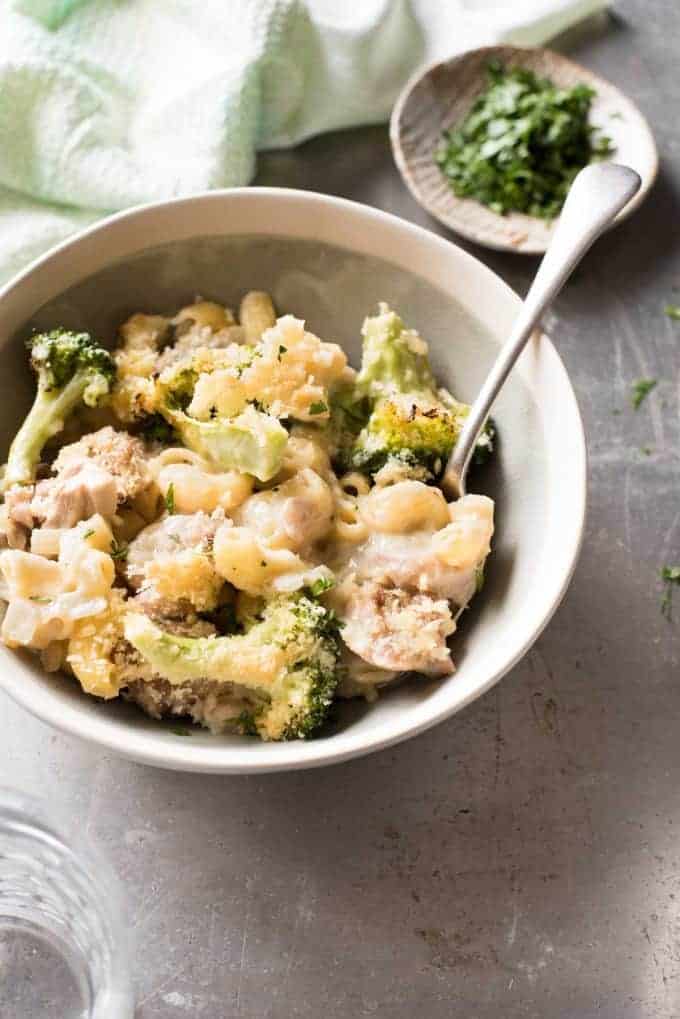Baked Macaroni and Cheese with Chicken & Broccoli - Made in one pot, cheesy and creamy but made without a drop of cream!