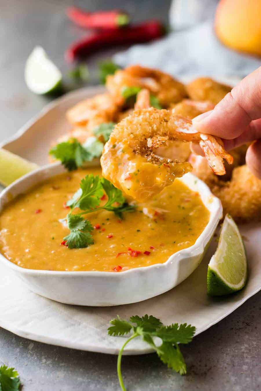 Coconut Shrimp / Prawns with Spicy Thai Mango Sauce with prawn dipped in sauce