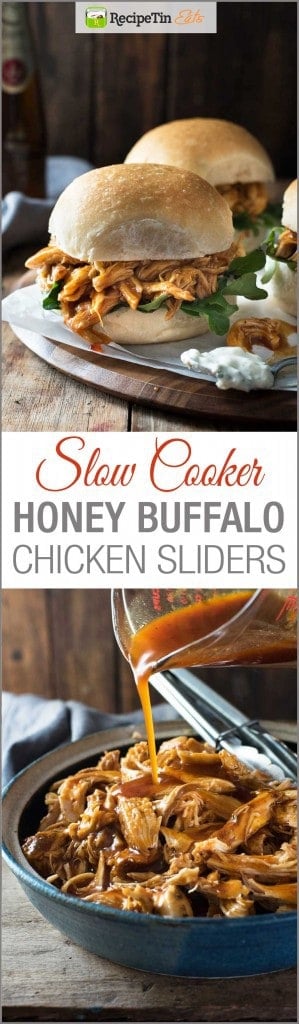 Slow Cooker Honey Buffalo Chicken Sliders - 5 minutes prep, set and forget! Great for game day or any event for feeding a crowd!