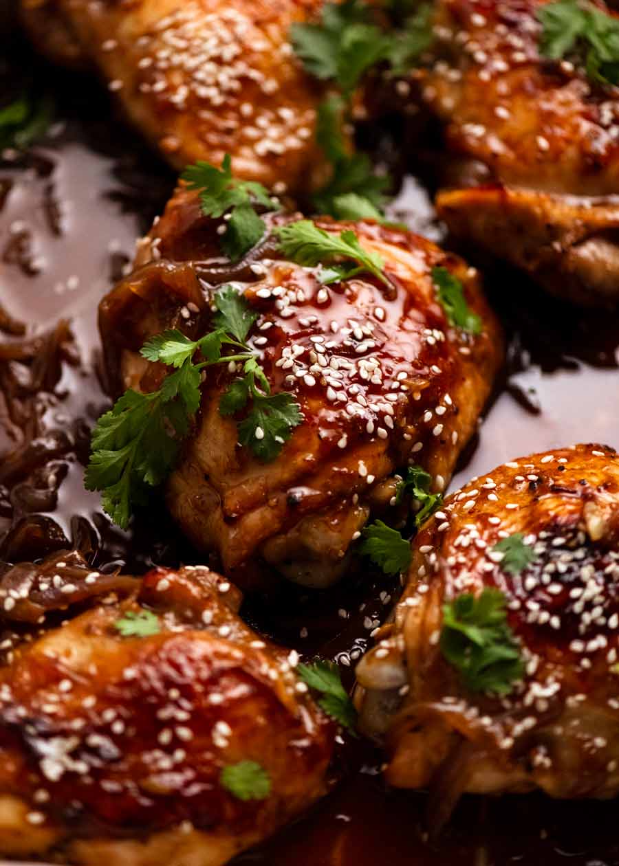 Close up photo of freshly cooked honey soy chicken