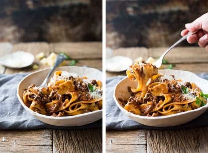 Fork lifting papardelle with Italian Sausage & Beef Ragu Sauce