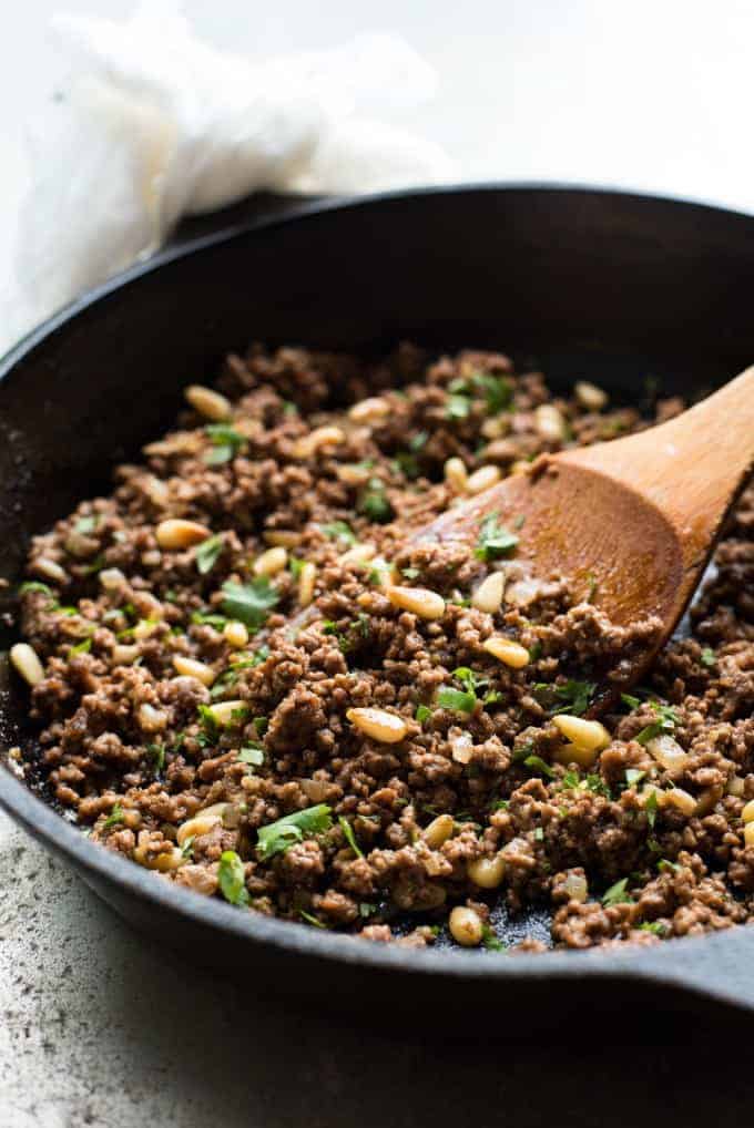 Cooked ground beef mix for Moroccan Baked Eggplant with Beef