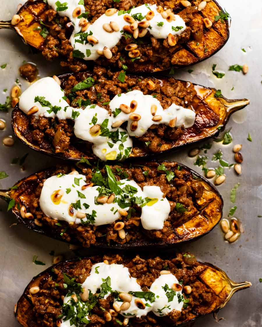 Moroccan stuffed eggplant - spiced beef or lamb - fresh out of the oven
