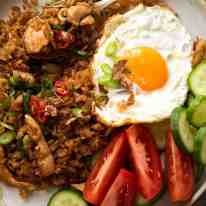 Close up of Nasi Goreng om a plate, ready to be eaten