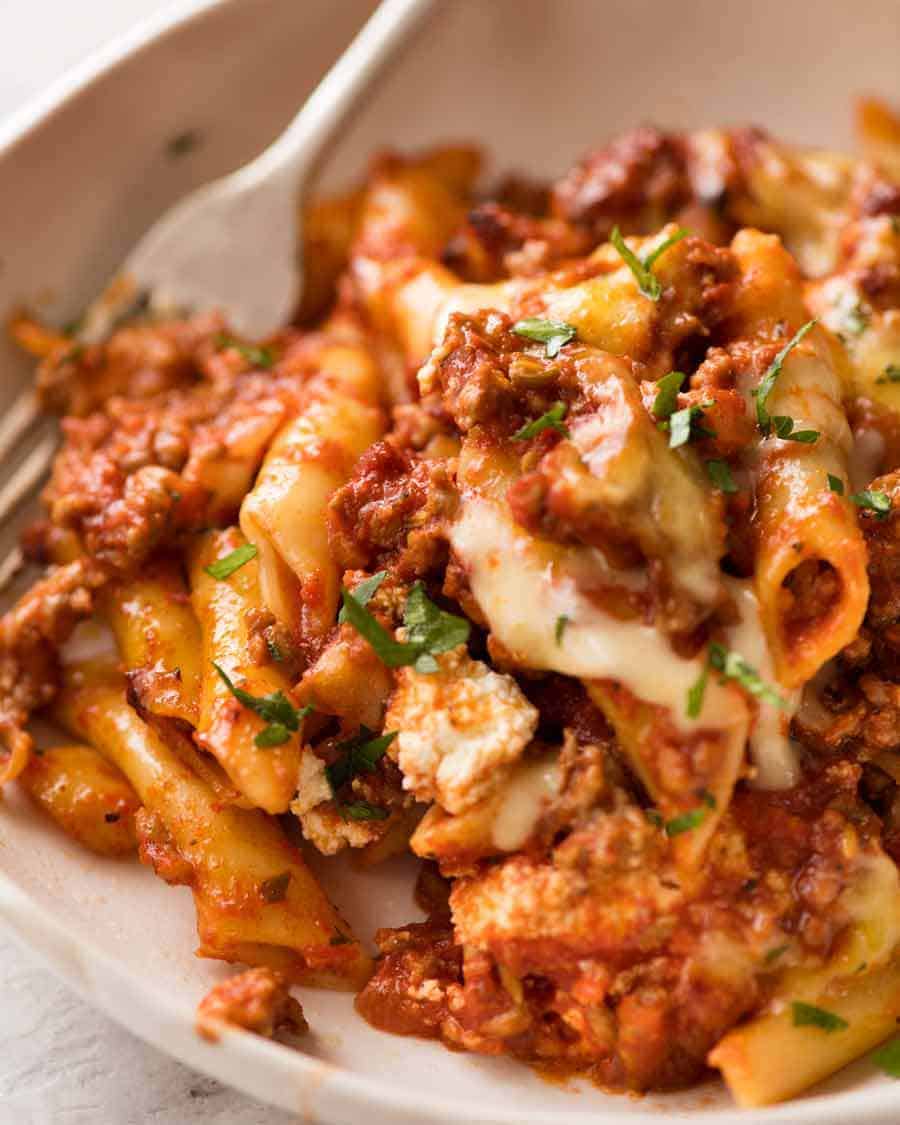 Close up of Baked Ziti in a bowl, ready to be eaten