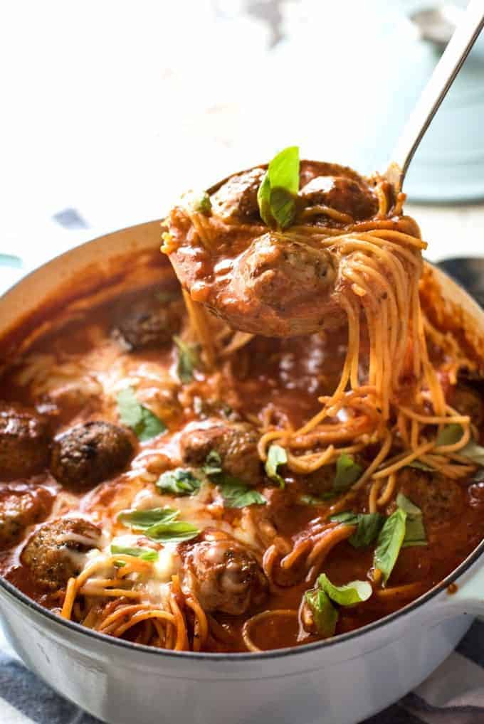 Italian Meatball Soup - Extra juicy, soft & tasty meatballs in a tomato spaghetti soup, all made in one pot!