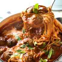 Italian Meatball Soup - Extra juicy, soft & tasty meatballs in a tomato spaghetti soup, all made in one pot!