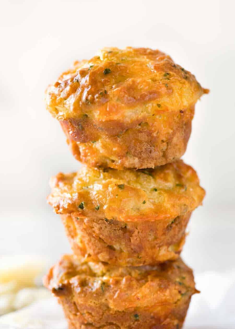 Close up photo of a stack of Savoury Cheese Muffins