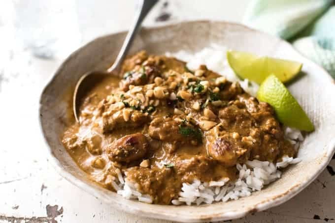 Chicken Satay Curry - Satay lovers dream come true! Chicken marinated in an authentic homemade satay seasoning simmered in a peanut satay sauce. Authentic restaurant / chef recipe, easy to make!