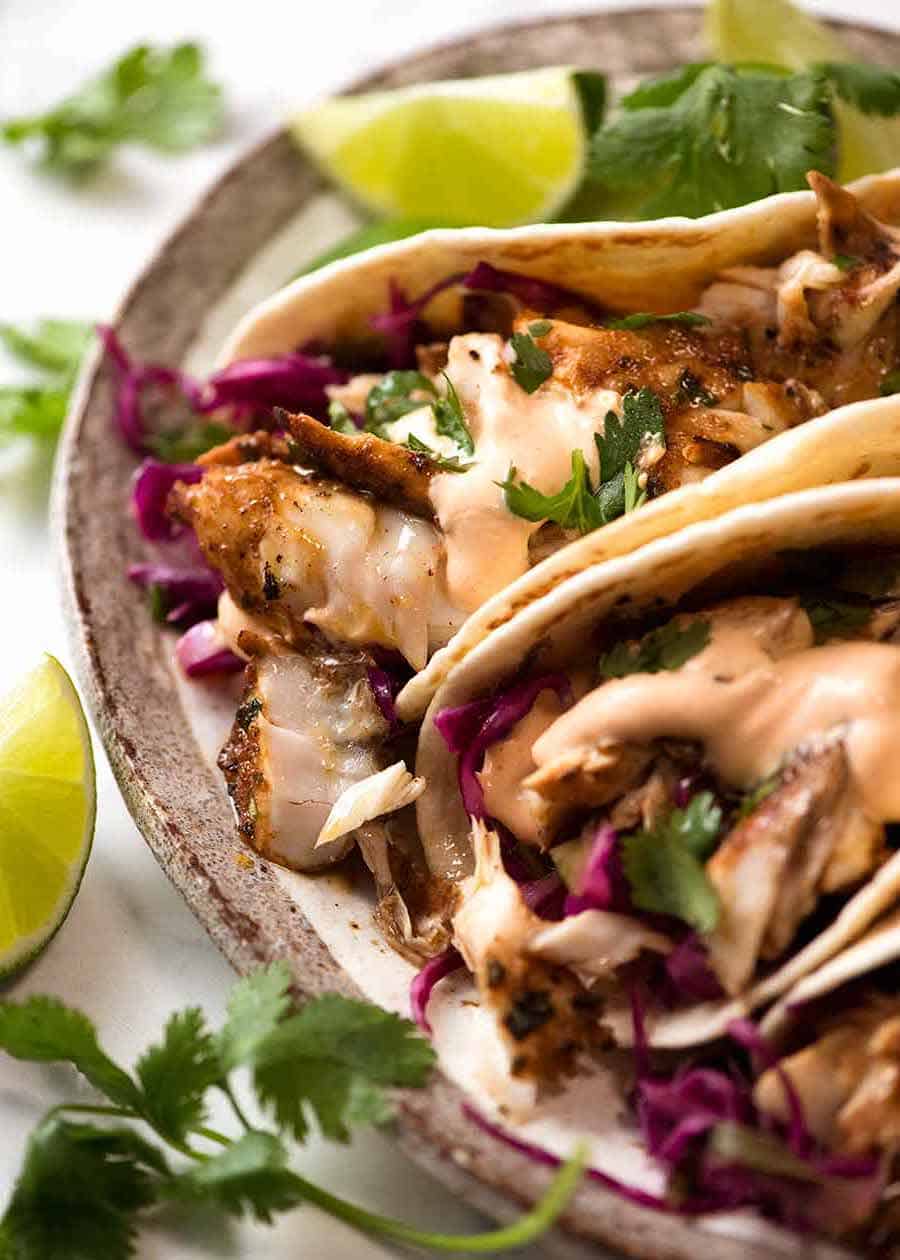Close up of Fish Tacos on a plate, ready to be eaten