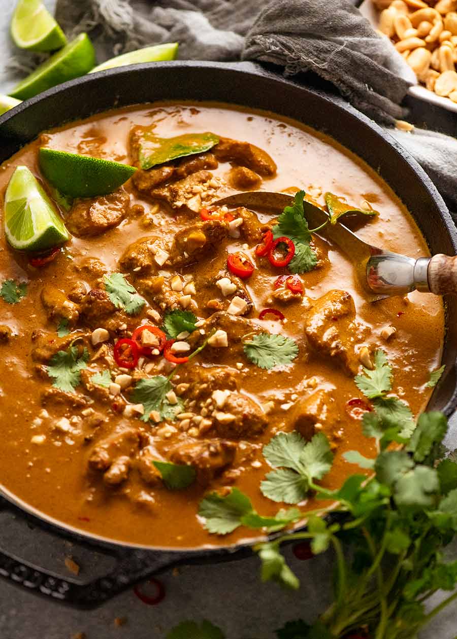 Chicken Satay Curry (Malaysian) in a skillet, fresh off the stove