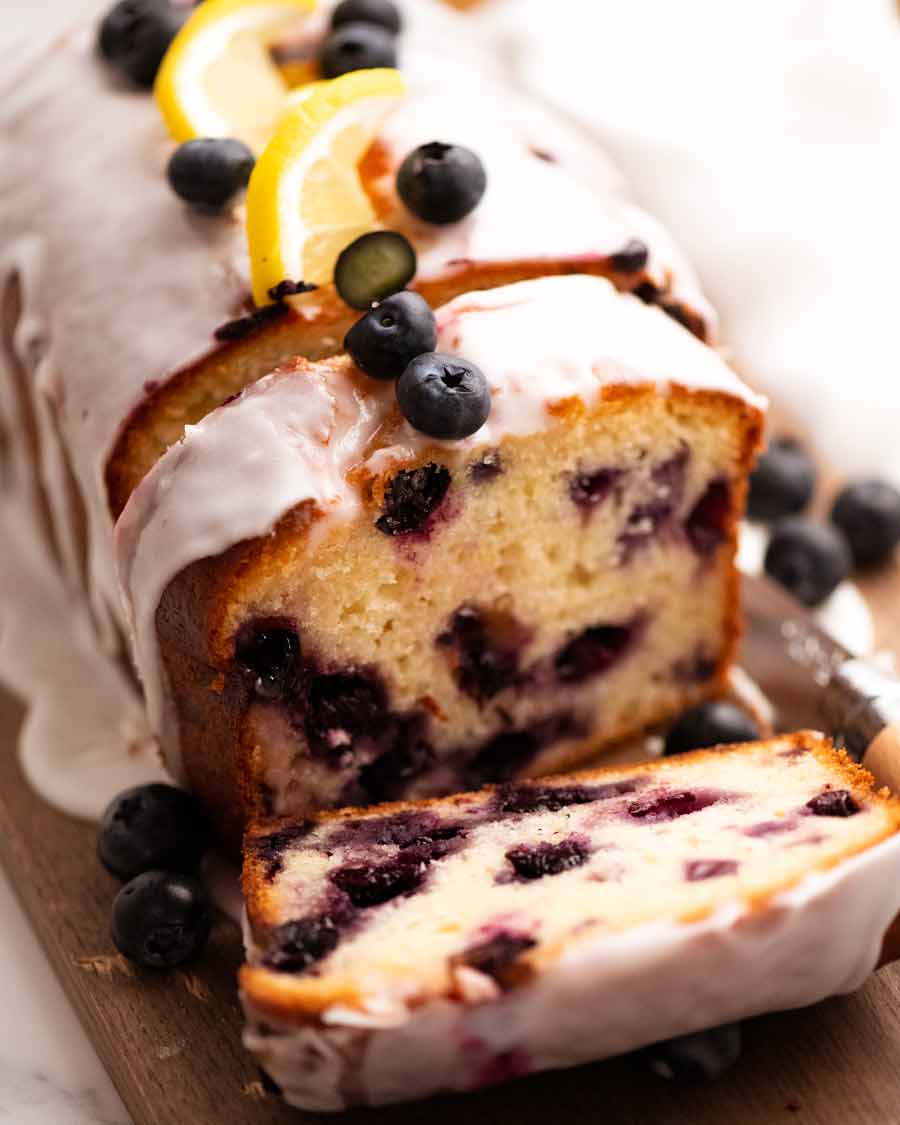 Close up of slices of Blueberry Lemon Loaf , easy blueberry recipe