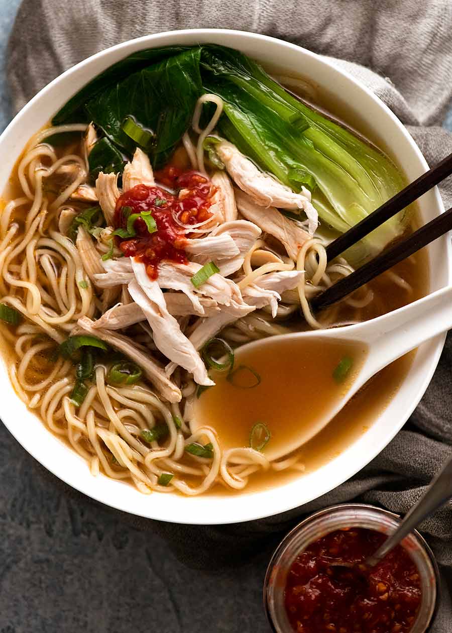 Overhead photo of Chinese Noodle Soup with chicken, noodles and buk choi