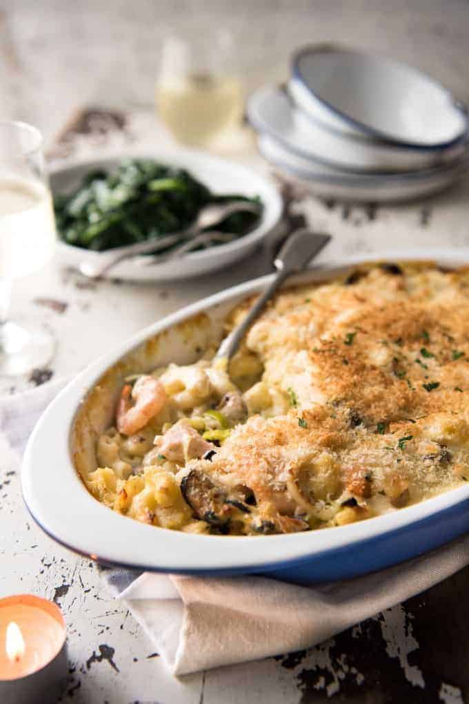 Seafood Gratin Pasta Bake - mixed seafood (your choice!) and pasta baked in a creamy sauce with a crunchy breadcrumb and cheese topping! recipetineats.com