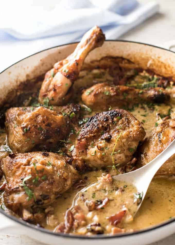 Creamy Chicken in White Wine Sauce - So easy to prepare, then just let it braise in the oven until the chicken is tender. The sauce is incredible! recipetineats.com