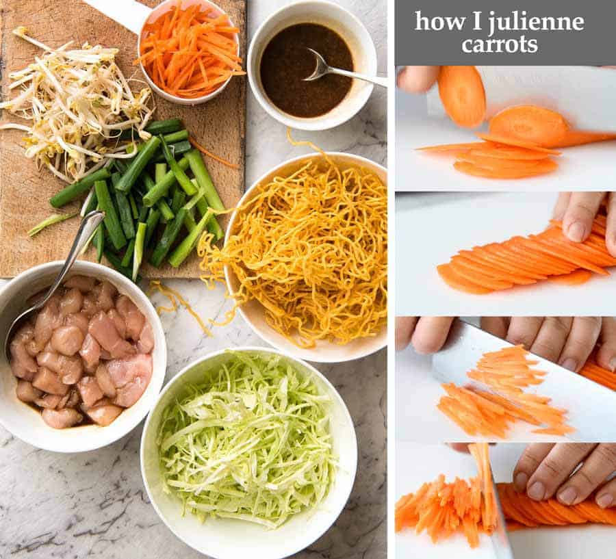 Photo showing Chow Mein Ingredients - chicken, cabbage, bean sprouts, carrot, green onion also Chow Mein Sauce also noodles