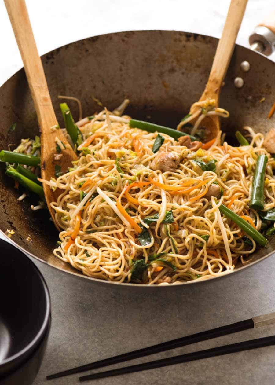 Chicken Chow Mein within a wok, more off the stove, prepared to be present served