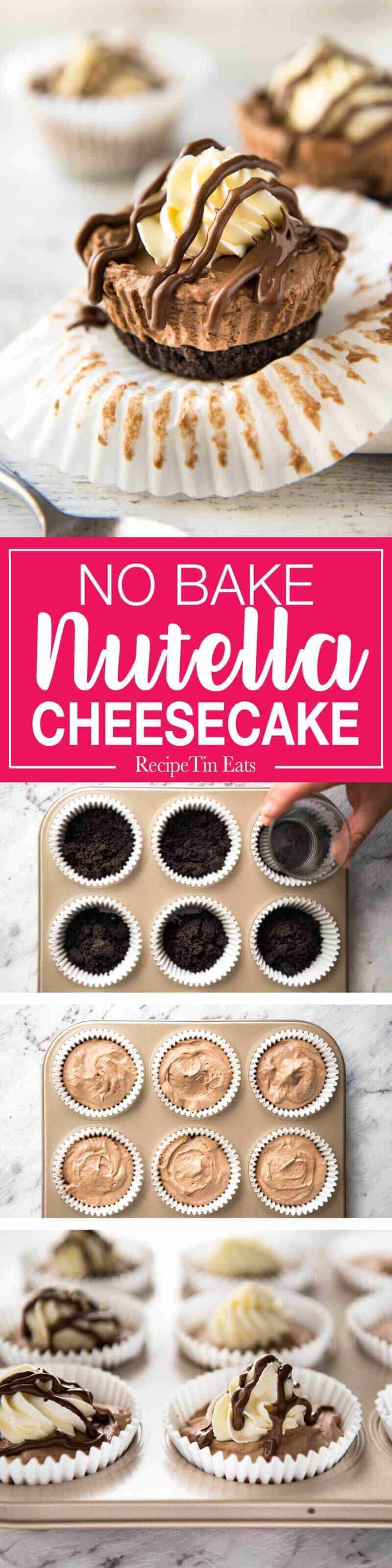 No Bake Nutella Cheesecake - Mini ones made in a muffin tin! A biscuit base and light mousse-like Nutella flavoured cheesecake. Easy to make and completely irresistible! recipetineats.com
