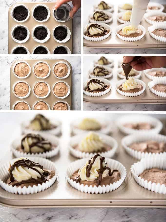 No Bake Nutella Cheesecake - Mini ones made in a muffin tin! A biscuit base and light mousse-like Nutella flavoured cheesecake. Easy to make and completely irresistible! recipetineats.com