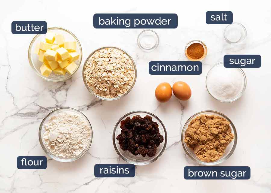 Ingredients for Oatmeal Raisin Cookies