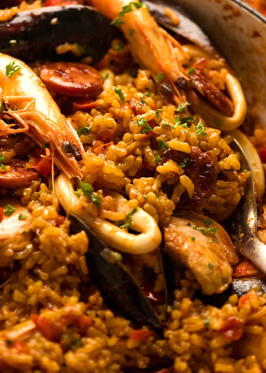 Close up of Paella fresh off the stove