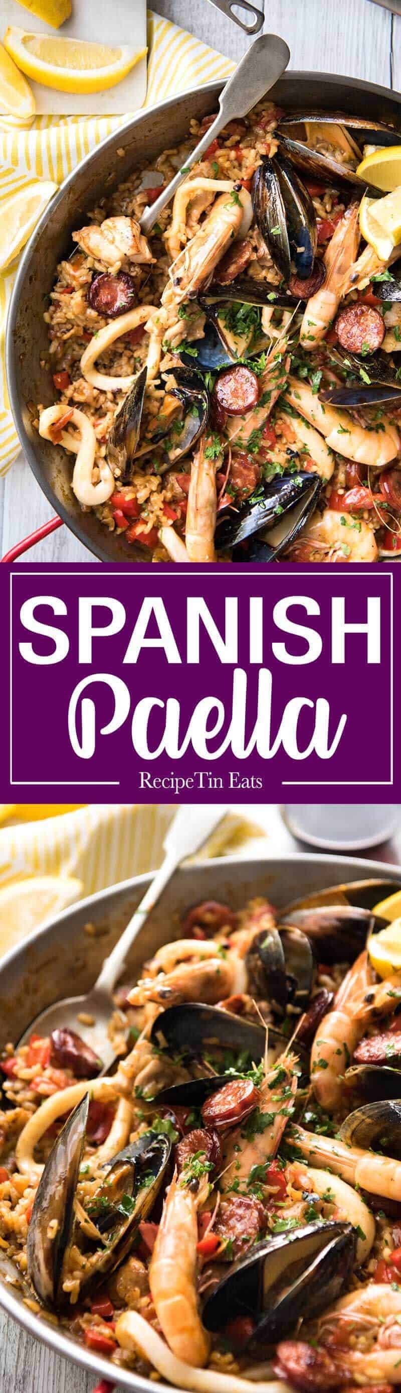 Spanish Paella - The right rice, right amount of liquid and the base seasonings is the foundation of a great Paella. The additions are up to you! This is a classic Chicken & Seafood Paella. recipetineats.com