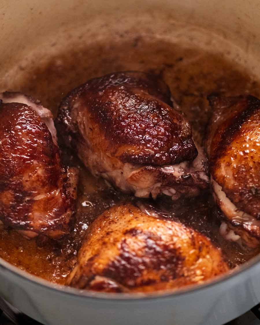 Searing chicken for Coq au Vin - French chicken stew