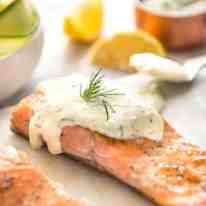 Creamy Dill Sauce with Salmon or Trout - A simple, refreshing sauce that pairs beautifully with rich salmon. Dinner on the table in 15 minutes! www.recipeteineats.com