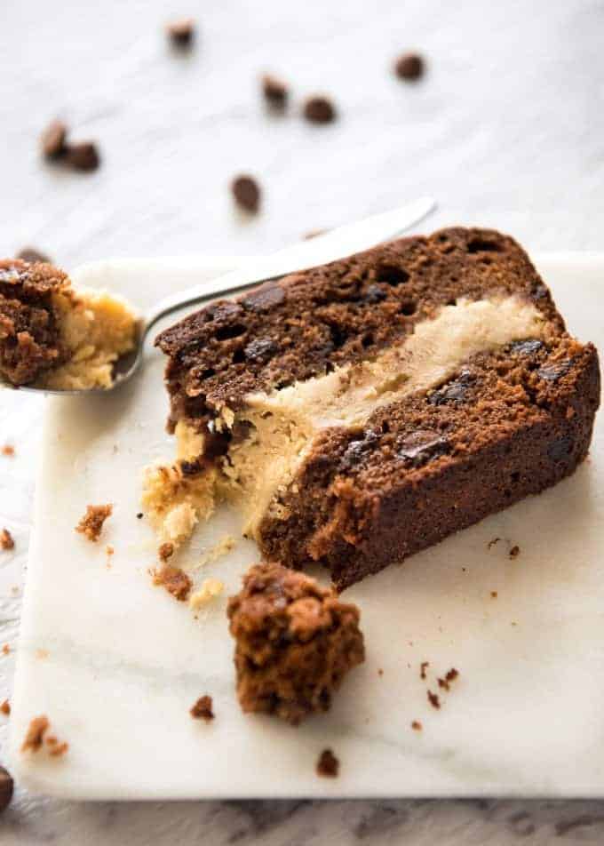 Peanut Butter Cheesecake Stuffed Chocolate Loaf - Moist chocolate quick bread stuffed with creamy peanut butter cheesecake. It's your dream come true! recipetineats.com