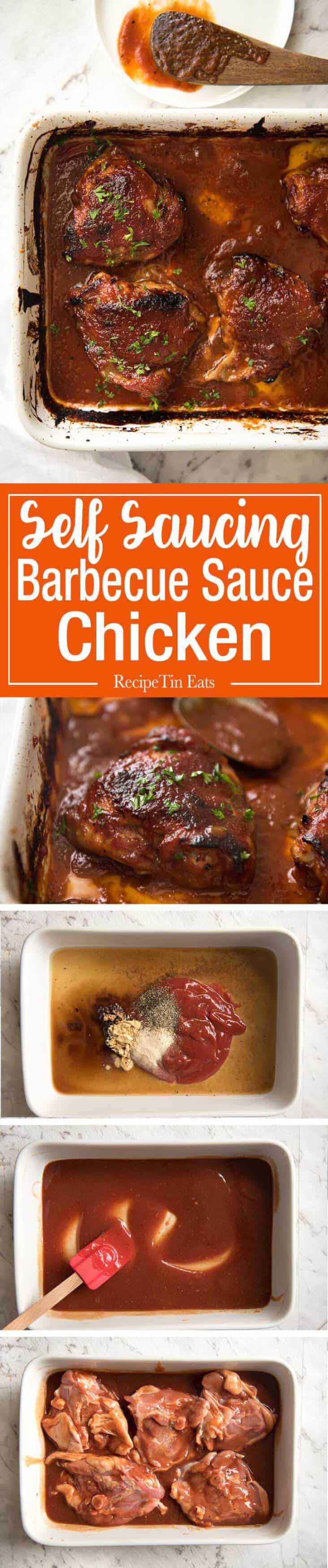 Magic Self Saucing Oven Baked Barbecue Chicken - A handful of pantry staples transforms into tender chicken smothered in a homemade barbecue sauce! recipetineats.com