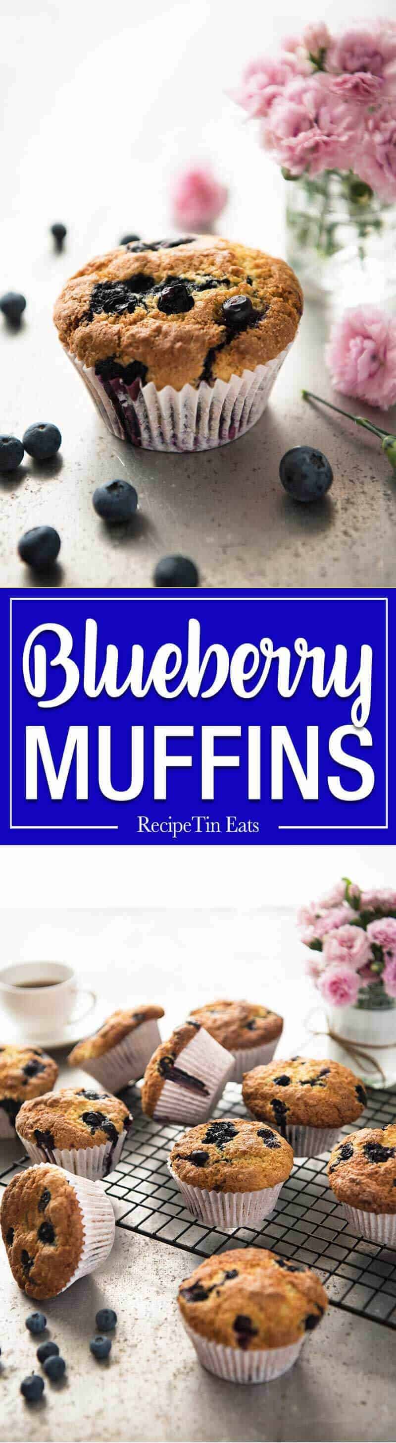 The secret for moist fluffy blueberry muffins: use butter plus oil, don't mix the batter more than 10 times and don't bake for longer than 20 minutes. Perfect muffins, every time! recipetineats.com