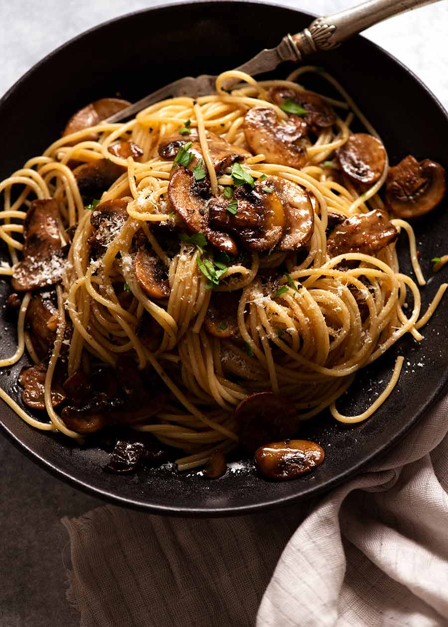 Mushroom pasta in a bowl, ready to eat
