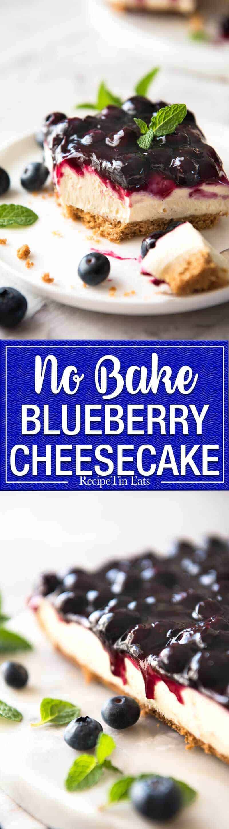 Easy and fast No Bake Blueberry Cheesecake Bars - creamy cheesecake with a gorgeous fresh blueberry sauce topping! www.recipetineats.com