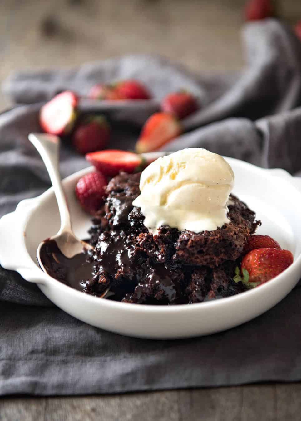 Chocolate Self Saucing Pudding - 1 batter transforms into a moist chocolate cake with a beautiful silky chocolate sauce! 10 minutes active effort. www.recipetineats.com