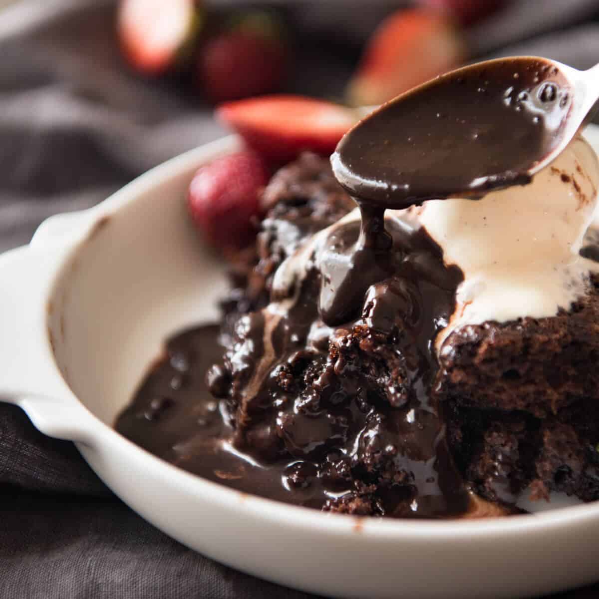 Chocolate Self Saucing Pudding - 1 batter transforms into a moist chocolate cake with a beautiful silky chocolate sauce! 10 minutes active effort. www.recipetineats.com
