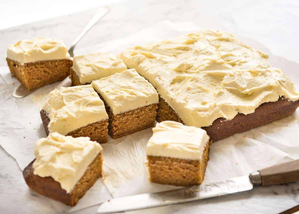 This Pumpkin Cake recipe is incredibly easy, fast and forgiving. The cake is tender and so moist, topped with a fluffy cream cheese frosting! www.recipetineats.com