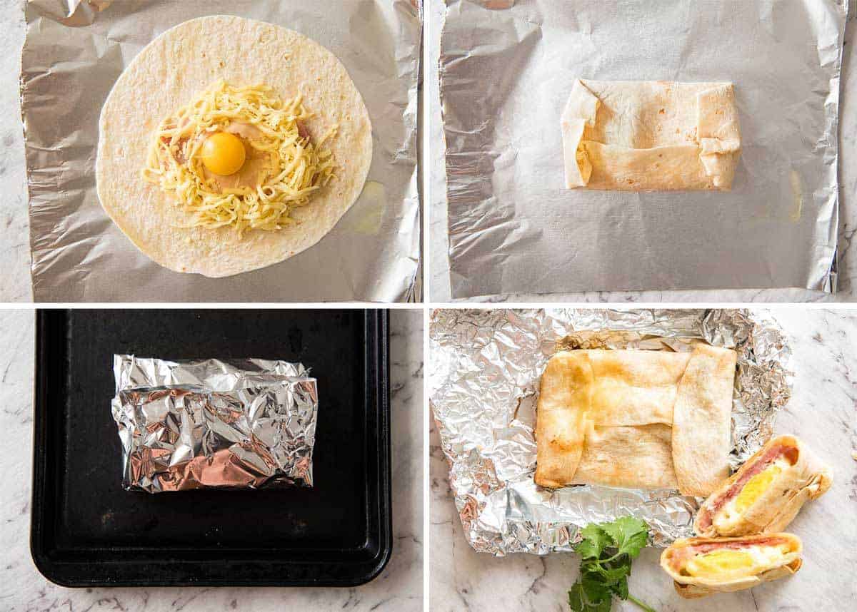 Preparation steps for hot Ham, Egg and Cheese Pockets made with tortillas.
