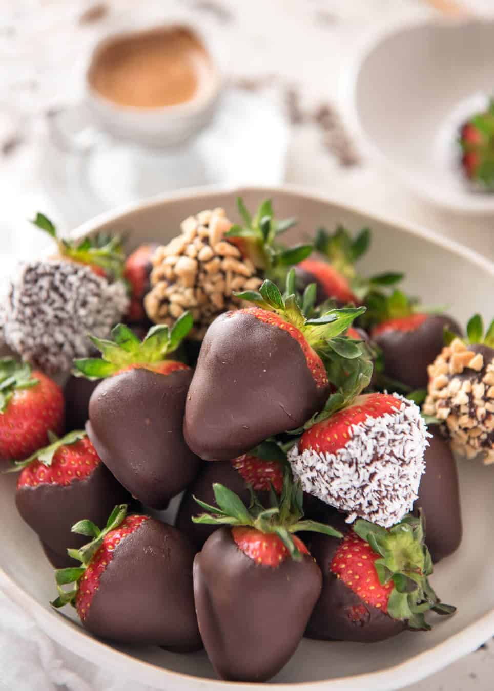 Closeup of a bowl of Chocolate Covered Strawberries 