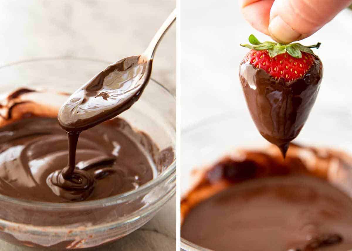 Melted chocolate for Chocolate Covered Strawberries and a strawberry dipped in melted chocolate