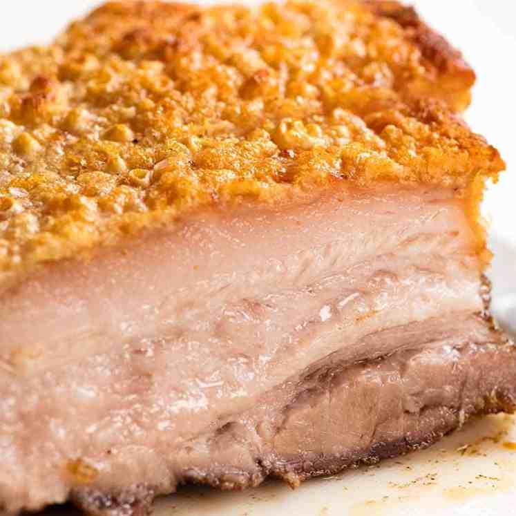 Close up of sliced Chinese Crispy Pork Belly with the best crackling in the world