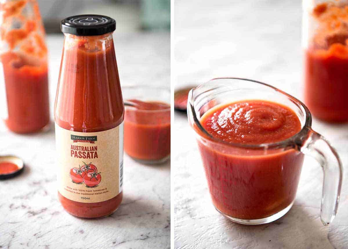 A bottle and jug of tomato passata