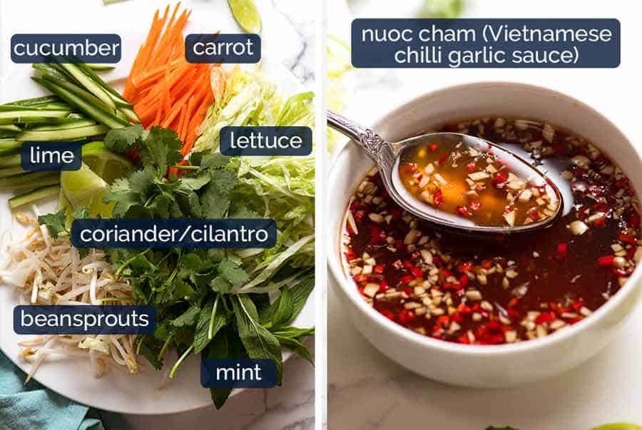 Fresh vegetables and herbs for Vietnamese Noodles with Lemongrass Chicken