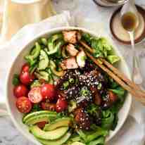 Asian Salmon Salad - Salmon dripping in a gorgeous Asian glaze on a fresh, vibrant salad drizzled with sesame dressing. Quick to make, packed with serious flavour! recipetineats.com