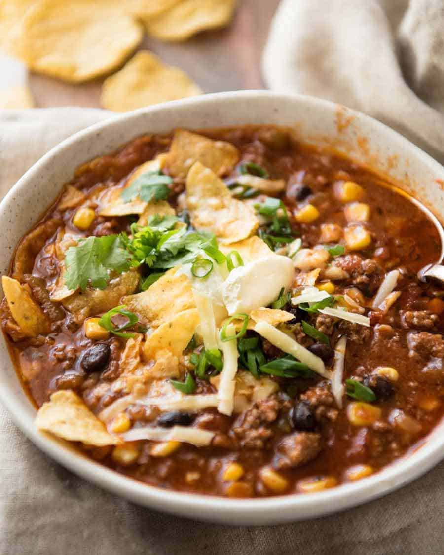 Taco Soup in a rustic bowl, ready to be eaten