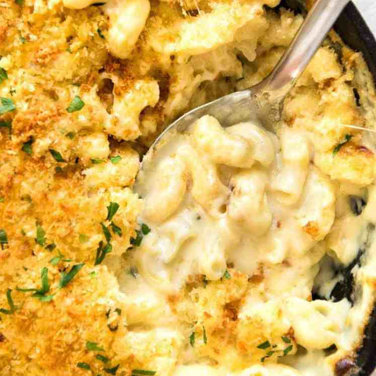 Overhead photo of Baked Mac and Cheese in a skillet, fresh out of the oven.