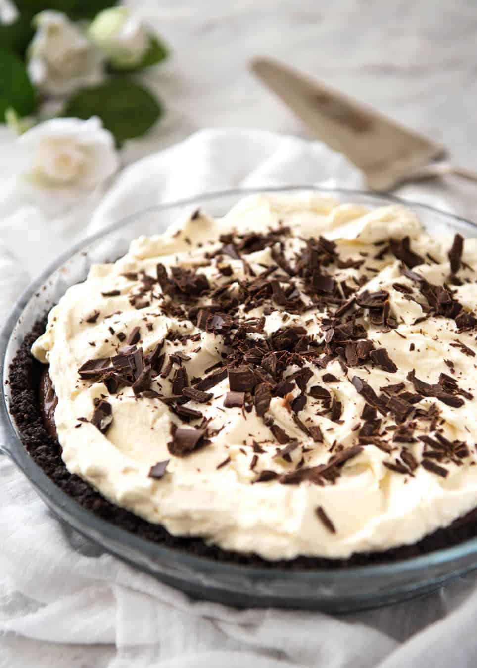 And easy, magnificent Chocolate Cream Pie with a biscuit base, soft custard-like chocolate filling and topped with clouds of cream. Recipe video included! recipetineats.com