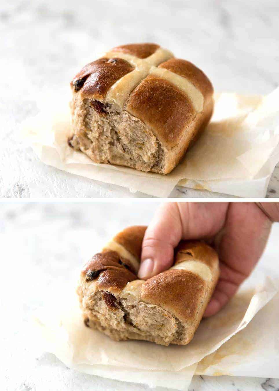 Easy Hot Cross Buns Recipe - perfectly spiced, fluffy and moist, with a no knead, no stand mixer option! www.reciptineats.com