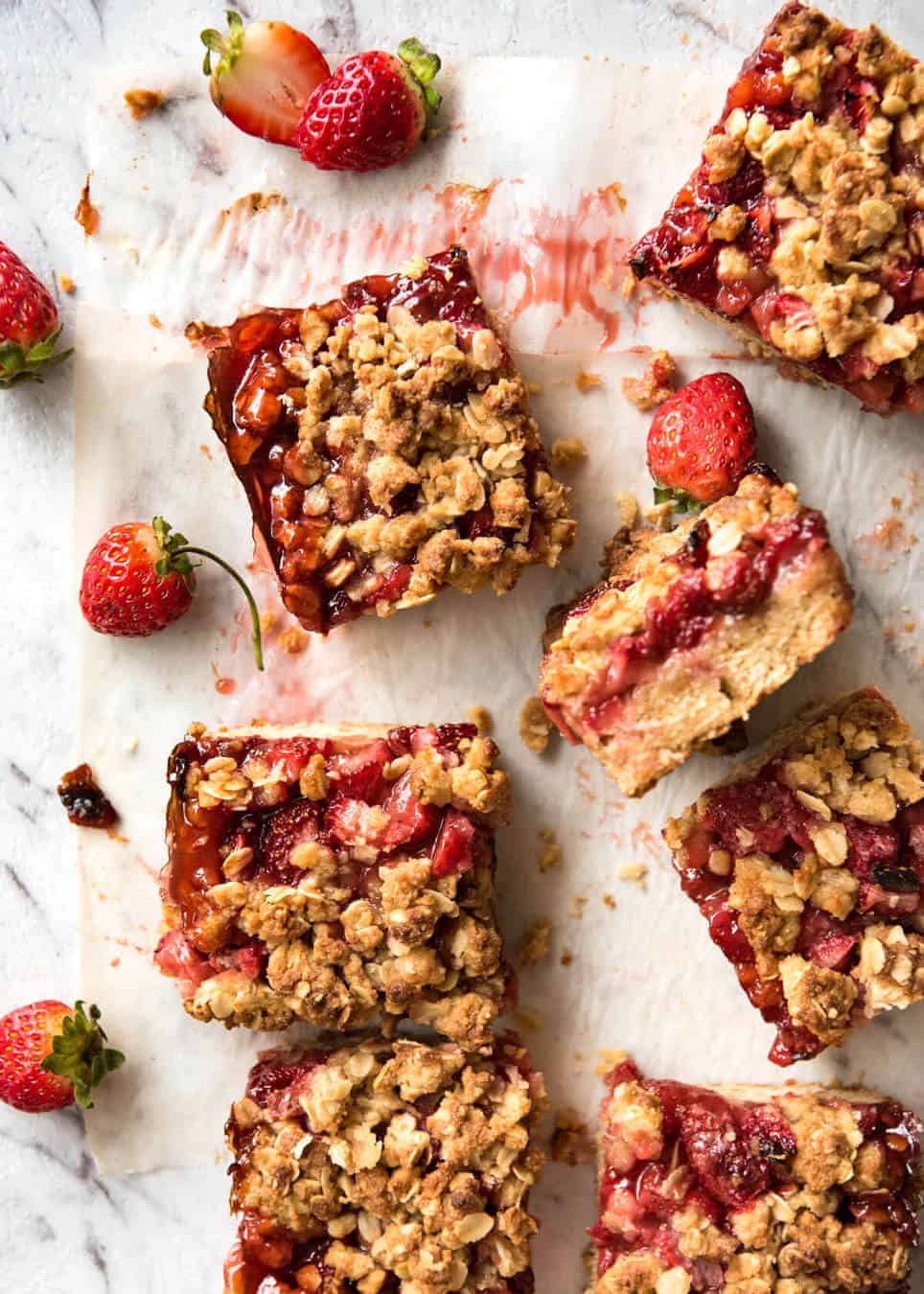 Fresh Strawberry Bars with a buttery biscuit base, topped with jam, fresh strawberries and a crumbly topping. No mixer, quick to make! www.recipetineats.com
