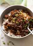 Asian Beef Bowls made with beef mince served over rice, ready to be eaten