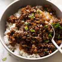 Asian Beef Bowls made with beef mince served over rice, ready to be eaten